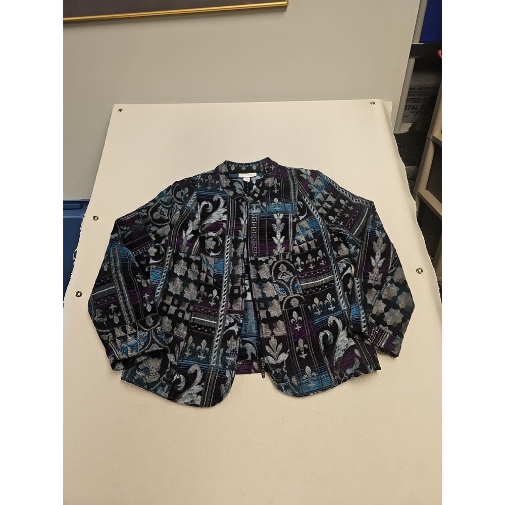 Dressbarn Full Zip Jacket Blue Tapestry Patchwork Print Size 1X Boho Cottage